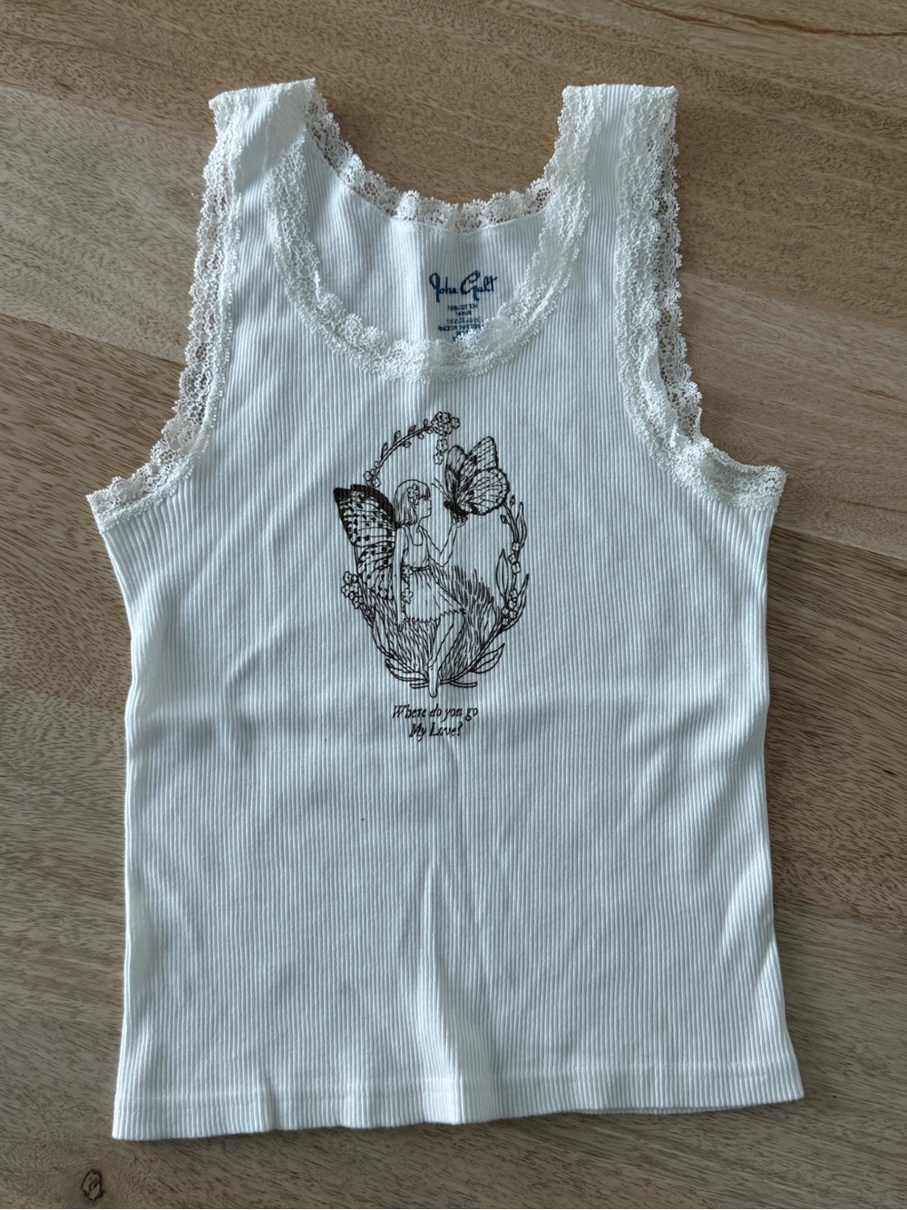 Brandy Melville White Ribbed Lace-Trim Tank with Black Butterfly Graphic
